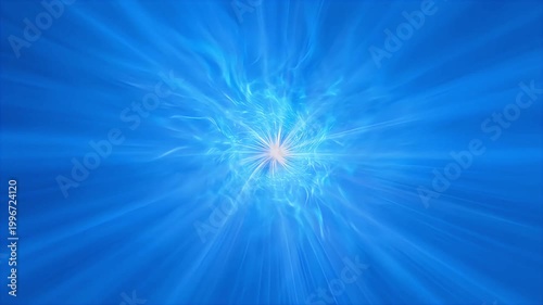 Abstract purple and blue light beams radiating from a central glowing point creating a dynamic tunnel effect.