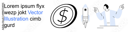 Financial success, business strategy, innovation, startup launch, creative brainstorming, economic planning. ion includes a dollar sign, a rocket and a person with outstretched arms. Financial