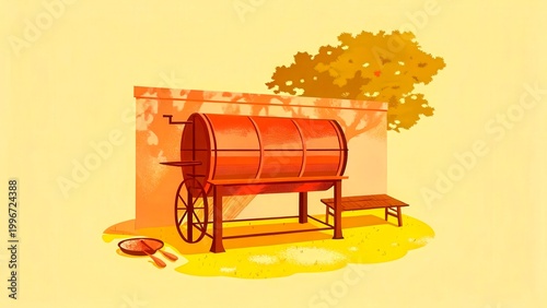 Hand cart with a large barrel and tools on a sunny day in a garden setting
