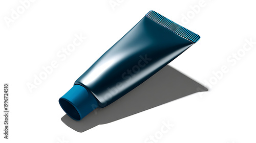 Metallic gray and blue sunscreen tube on white background