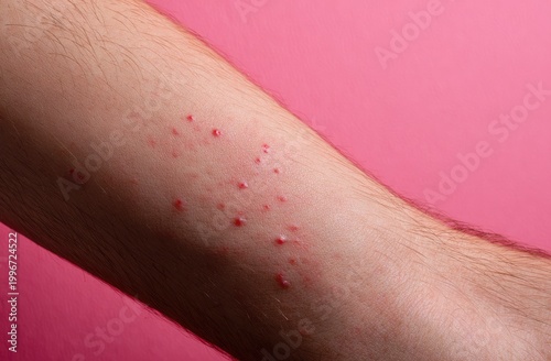 A close-up view displays a human arm exhibiting a noticeable skin rash with red, inflamed bumps.
