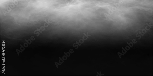 A dark grunge black and white background features a moody night sky filled with textured clouds, mist, and a motion of steam or smoke against a backdrop of space