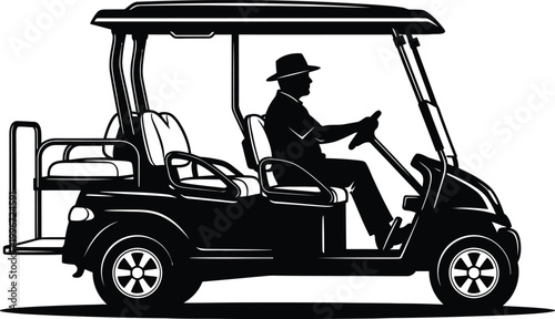 Man driving a golf cart vehicle with roof and seats