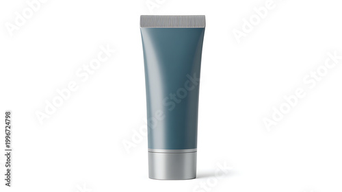 Gray and blue metallic sunscreen tube standing upright