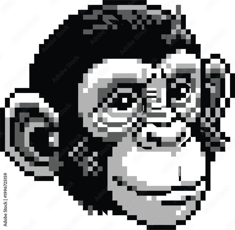 Fototapeta premium Pixel art monkey face closeup with neutral expression