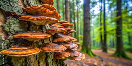Close-up of Chaga mushrooms growing on the bark of a tree , forest floor, botanical imagery