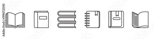 Minimalist outline book icons on transparent background including notebook and stacked volume styles.