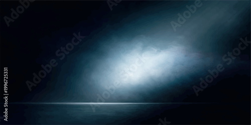 A bright abstract light blue design featuring a spotlight texture with clouds and smoke drifting across a dark night sky backdrop for a stage or theater stage