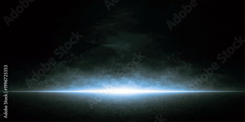 An abstract dark blue night sky background features a bright moon and glowing stars amidst a swirling storm of smoke, clouds, and textured mist with an explosion of light