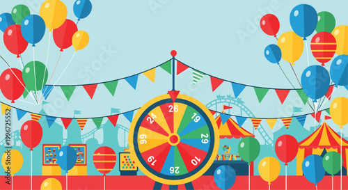 Colorful fairground scene with wheel and balloons