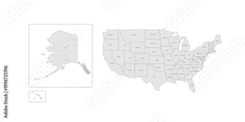 United States of America political map of administrative divisions - states and federal district Washington, D.C. Grey map with thin black outline and labels.