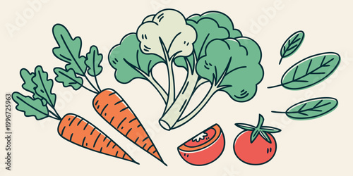 Schilderij op canvas Carrots broccoli spinach and tomato slices flat illustration with white backgrou
