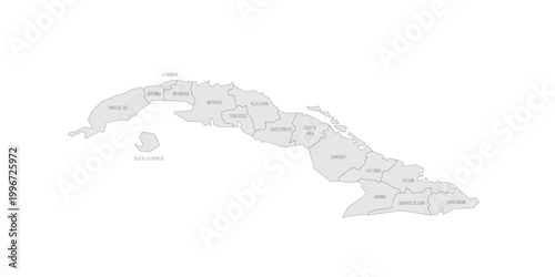 Cuba political map of administrative divisions - provinces. Grey map with thin black outline and labels.