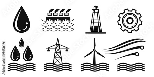 Tableau sur toile Energy source icons: oil industry lighthouse gear wind power lines with renewabl