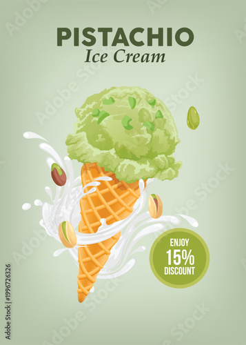 Pistachio Ice Cream Cone with Milk Splash