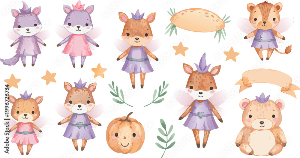 Obraz premium Whimsical illustration of fairies flowers and butterfly in pastel colors