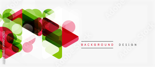 Abstract geometric shapes overlap. Red, green, pink hues create dynamic composition. White space provides clean contrast. Modern design element.