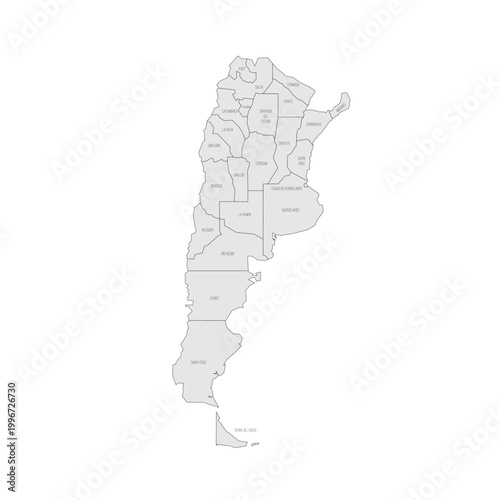 Argentina political map of administrative divisions - provinces and autonomous city of Buenos Aires. Grey map with thin black outline and labels.