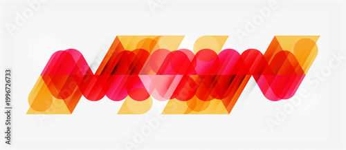 Abstract design features overlapping rounded shapes. Red, orange hues create dynamic visual effect. Modern, minimalist composition.