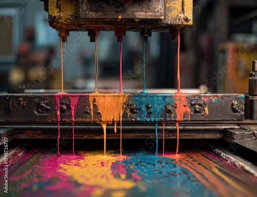 A vibrant close-up captures the intricate process of screen printing, showcasing colorful inks cascading onto a textured surface within a bustling industrial setting.