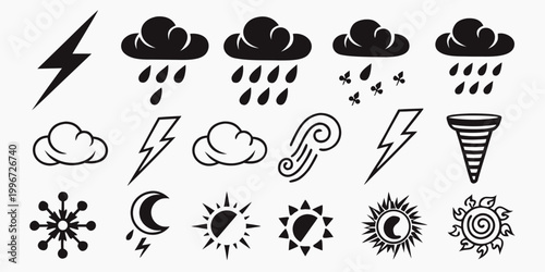 Slika na platnu Collection of diverse black and white weather icons lightning rain clouds snowfl