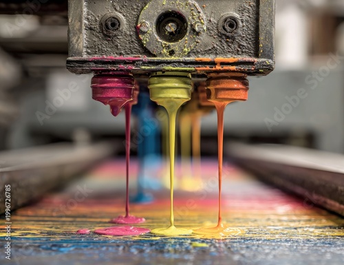 A close-up shot showcases the vibrant process of printing, with colorful inks dripping from a printing press onto a textured surface, highlighting the intricate machinery and the creation 