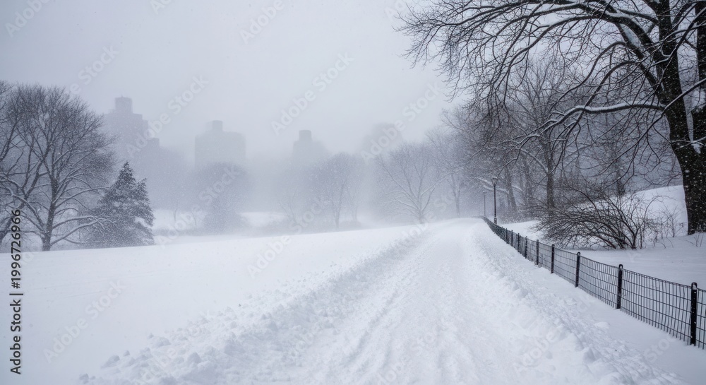 Obraz premium Snowy Path Through a Winter Landscape with Trees and Fence.