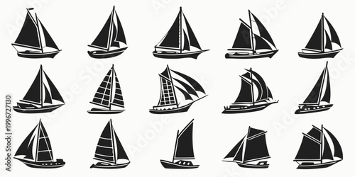 Foto Extensive collection of fifteen diverse sailboat silhouettes representing sailin