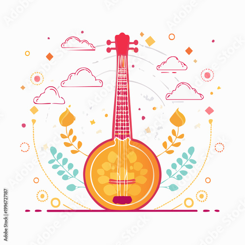 Illustration of a Sitar with Decorative Elements