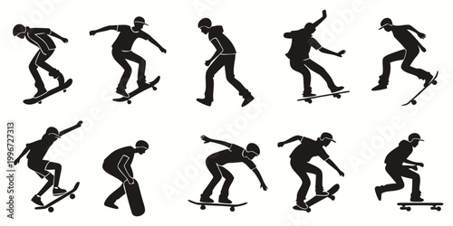 Tableau sur toile Collection of black silhouettes featuring skateboarders in dynamic action poses