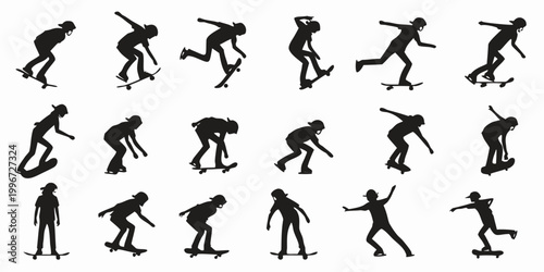 Принти на полотні Large collection of eighteen skateboarding silhouettes with people performing tr