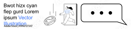Online business, fintech, messaging, communication, dialogue, user interaction. A person stepping through a door alongside a coin and a speech bubble. Online business and messaging concepts