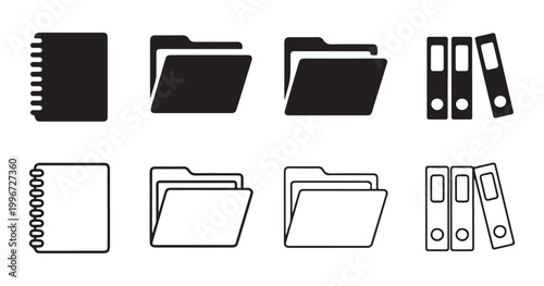 Office stationery line and glyph icons representing notebooks folders and binder clips for organization.