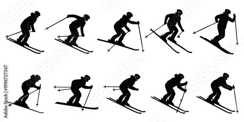 Canvas Print Silhouette collection of ten downhill skiers demonstrating different alpine skii