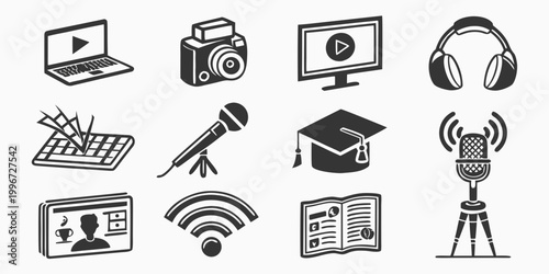 Multimedia production and distance learning icon collection featuring streaming laptop camera headphones microphone tripod graduation cap wireless signal and digital journalism elements, multimedia