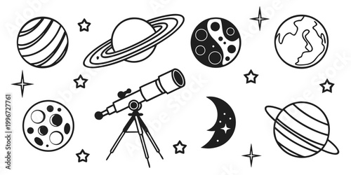 Photos Set of space icons including telescope planets and stars with sci fi telescope a
