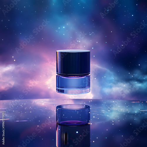 Cosmetic container floating in a colorful space with swirling colors and a reflective surface creating an eye-catching scene