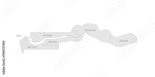The Gambia political map of administrative divisions - regions and city of Banjul. Grey map with thin black outline and labels.