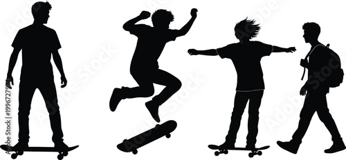 Silhouettes of young men skateboarding and walking in various poses