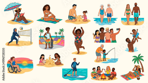 Diverse Inclusive Summer Beach People Flat Character Illustration Set. Multicultural Vacation Holiday Lifestyle Vector Collection for Social Media, Marketing, Brand