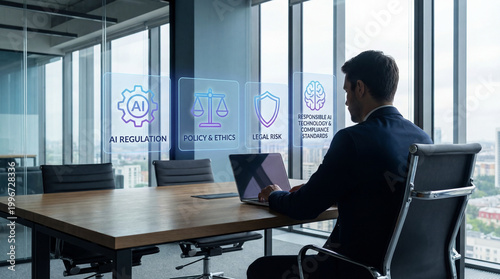 Artificial Intelligence and Law Concept with Businessman Using Laptop and Virtual AI Regulation Interface
