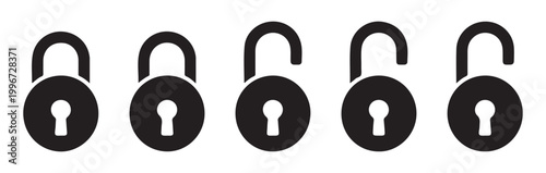 Round padlock icons showing different stages of opening for digital security and access illustration.