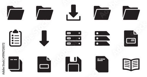 Collection of black and white vector icons for folders, downloads, clipboards, servers, and books.