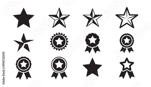 Professional black star and award medal icon set featuring various geometric shapes and ribbon seals.
