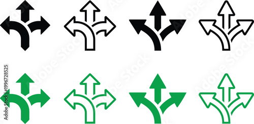 Directional arrows set black and green icons illustrating multiple choices and pathways