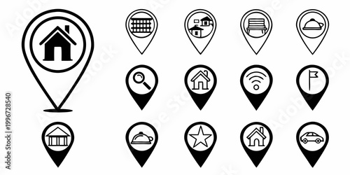 Foto Diverse set of location pin icons showing houses buildings and services in silho