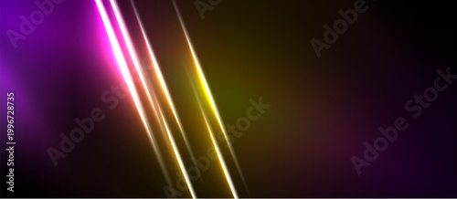 Abstract background features vibrant light streaks. Purple, yellow hues blend into darkness. Modern design element, dynamic composition.