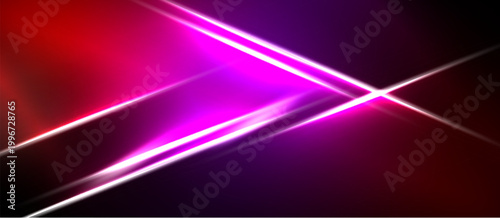 Abstract background features vibrant pink, purple, red lines intersecting black space. Dynamic energy radiates from bright streaks.