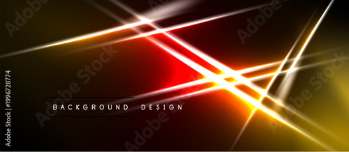 Abstract neon lines intersect, creating dynamic light effects. Dark background emphasizes vibrant orange, red glow. Modern design element.