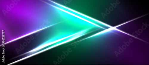Abstract vibrant lines intersect, creating dynamic light effects. Purple, teal, white hues dominate dark background. Modern design.